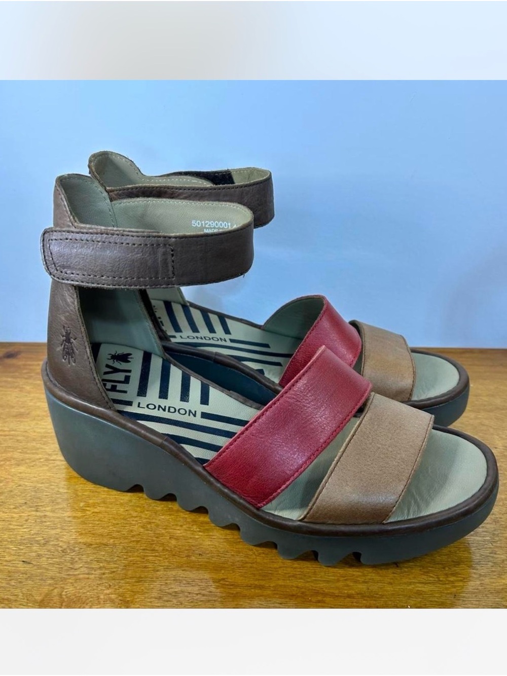 Fly London Red and Brown Leather Wedge Sandals